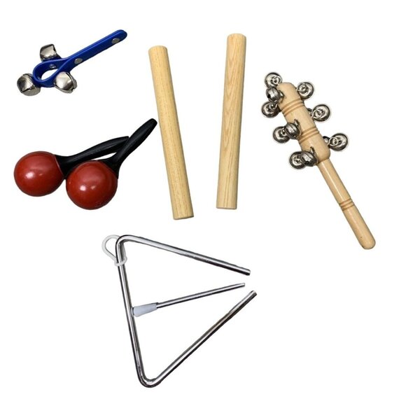 Kids Percussion Music Toy Instruments Maracas Triangle Claves Sleigh Bells New - Picture 1 of 3